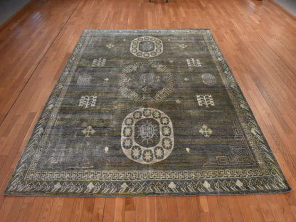 Green 7'11" x 10'2" Khotan and Samarkand Hand knotted Silk Rug - Sku: O078576