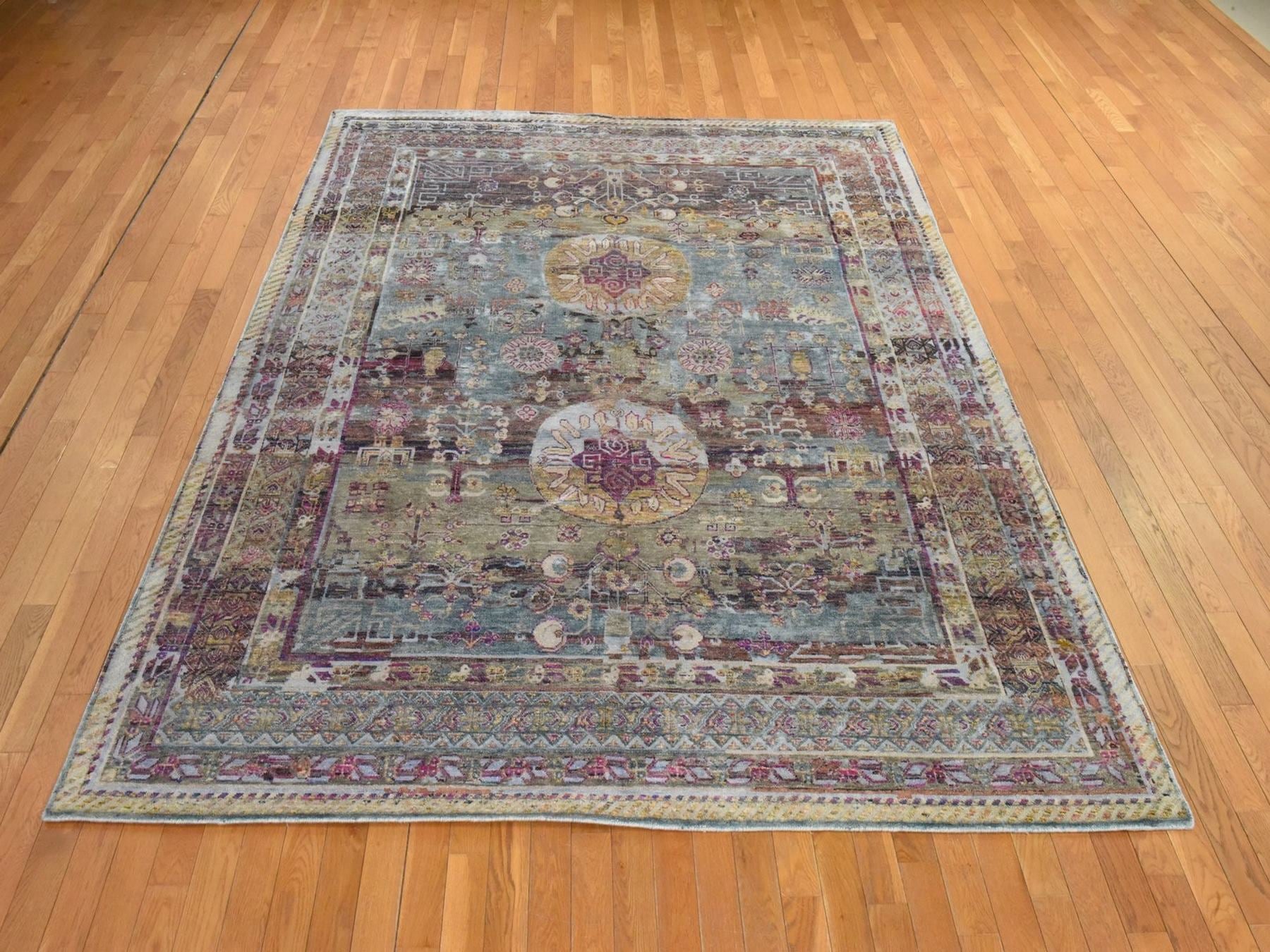 Pink 7'10" x 10'5" Khotan and Samarkand Hand knotted Silk Rug - Sku: O078580