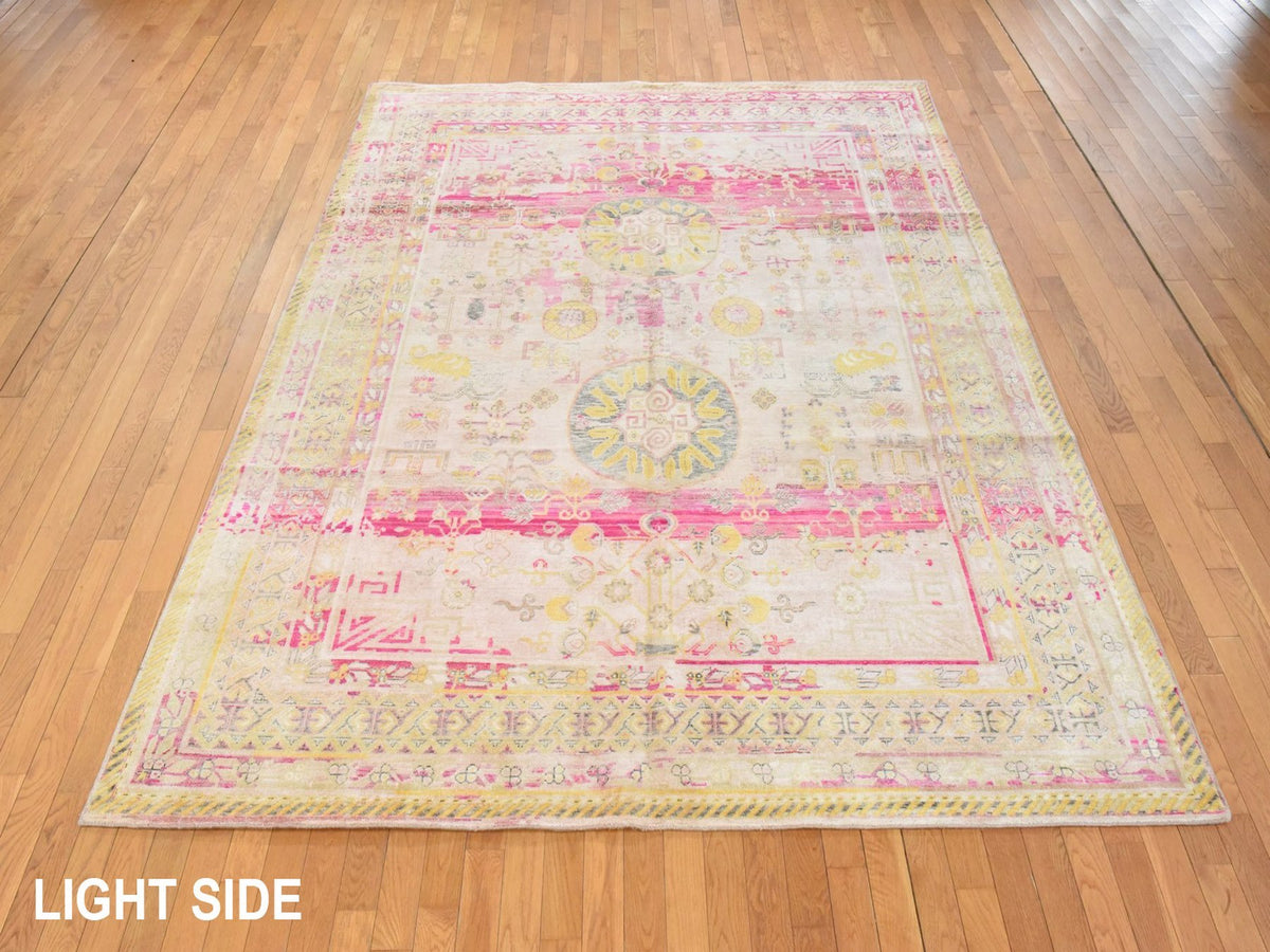 Khotan Khotan hand-knotted silk rug in Pink & Yellow, 8' x 10'5" — SKU O078581 (view 3)