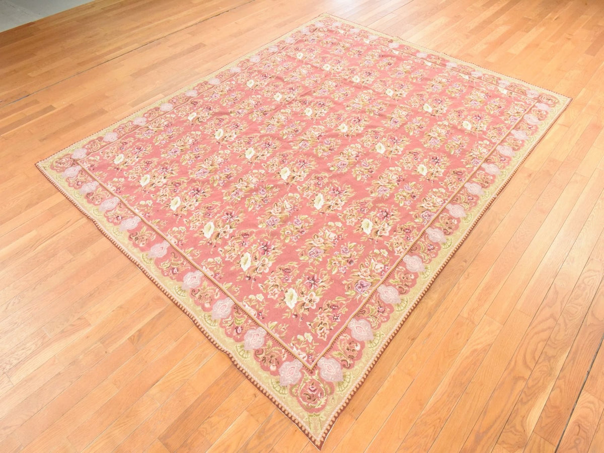 Flat-Weave hand-knotted wool rug in Pink, 7'5" x 9'4" — SKU O078601 (view 3)