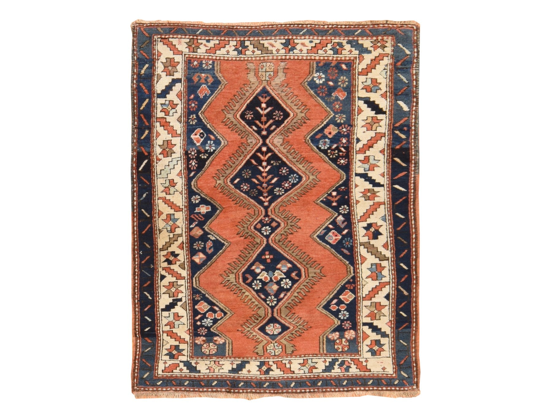 Kazak Tribal & Geometric hand-knotted wool rug in Orange & Navy Blue, 3'8" x 4'10" — SKU O078614