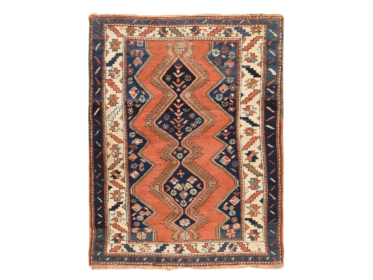 Kazak Tribal & Geometric hand-knotted wool rug in Orange & Navy Blue, 3'8" x 4'10" — SKU O078614