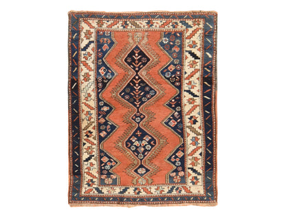 Kazak Tribal & Geometric hand-knotted wool rug in Orange & Navy Blue, 3'8" x 4'10" — SKU O078614
