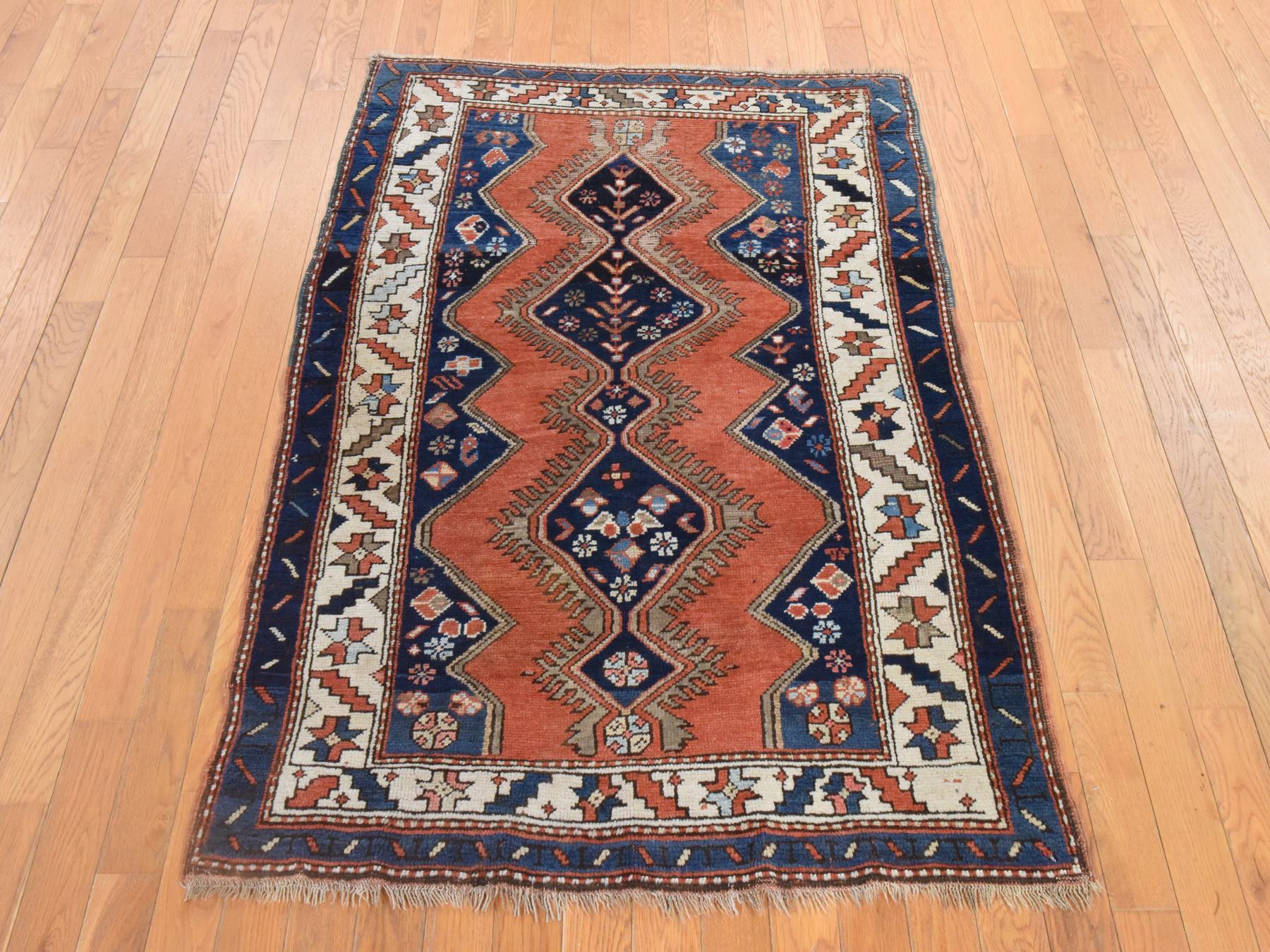 Kazak Tribal & Geometric hand-knotted wool rug in Orange & Navy Blue, 3'8" x 4'10" — SKU O078614 (view 2)