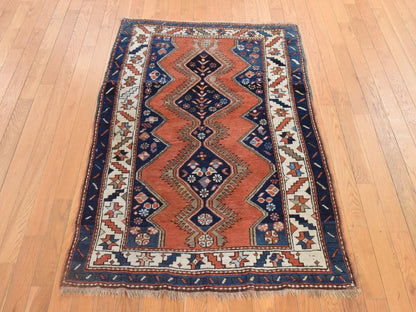 Kazak Tribal & Geometric hand-knotted wool rug in Orange & Navy Blue, 3'8" x 4'10" — SKU O078614 (view 2)