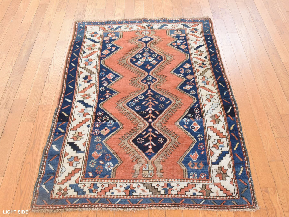 Kazak Tribal & Geometric hand-knotted wool rug in Orange & Navy Blue, 3'8" x 4'10" — SKU O078614 (view 3)
