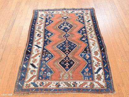 Kazak Tribal & Geometric hand-knotted wool rug in Orange & Navy Blue, 3'8" x 4'10" — SKU O078614 (view 3)