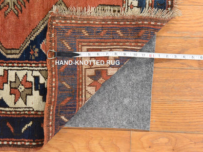 Kazak Tribal & Geometric hand-knotted wool rug in Orange & Navy Blue, 3'8" x 4'10" — SKU O078614 (view 6)