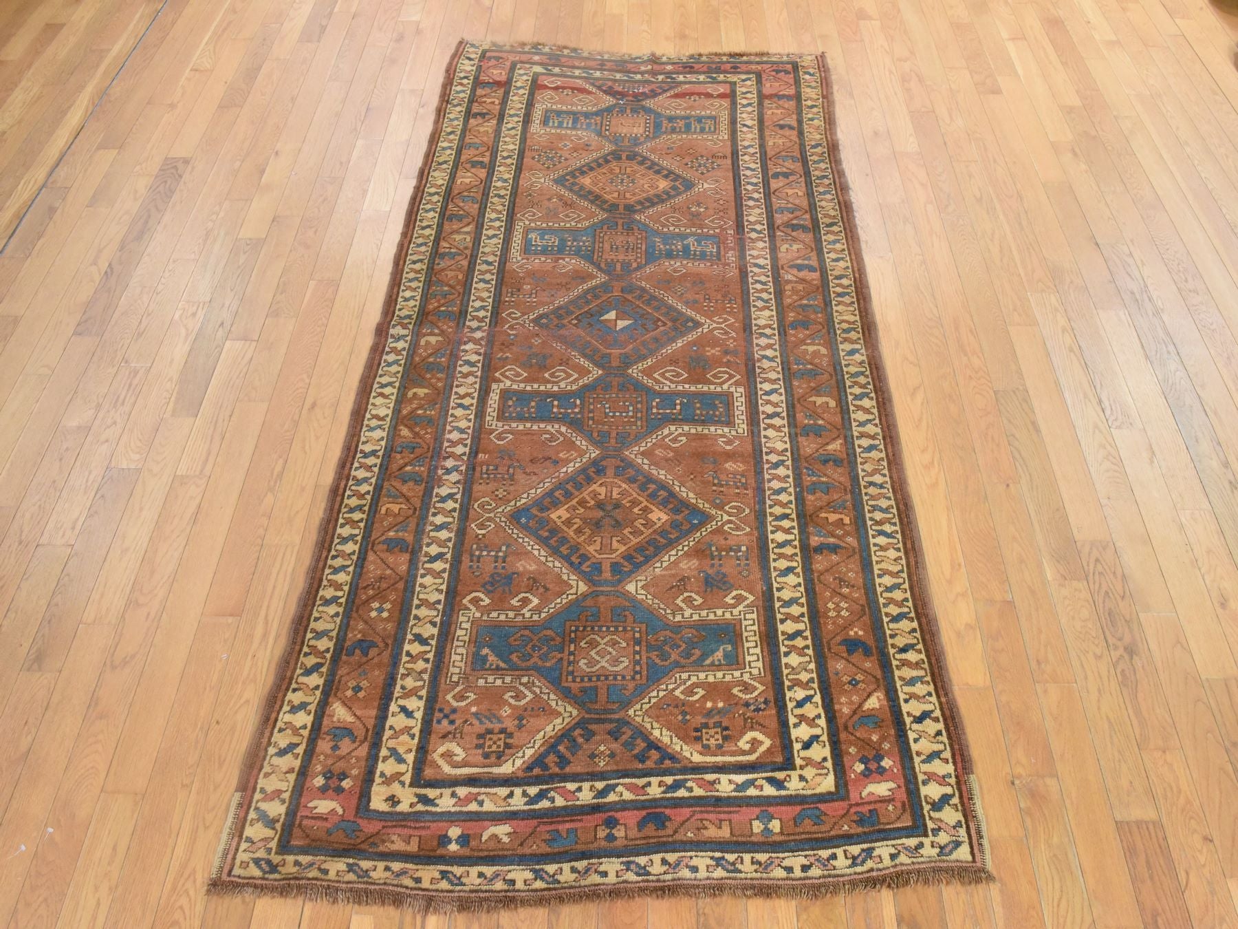 Kazak Tribal & Geometric hand-knotted wool runner in Brown, 4'2" x 8'1" — SKU O078616 (view 2)