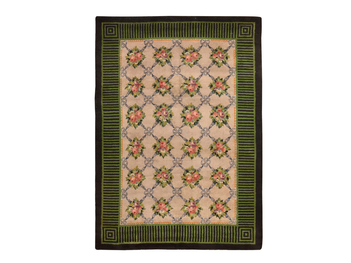 Savonnerie Antique hand-knotted wool rug in Ivory & Green, 8'2" x 11'2" — SKU O078617