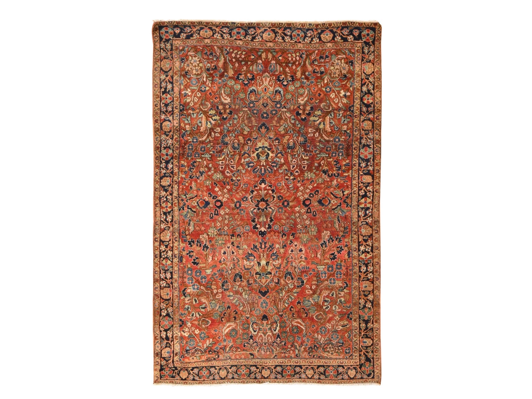 Sarouk Antique hand-knotted wool rug in Red & Navy Blue, 4'2" x 6'9" — SKU O078618