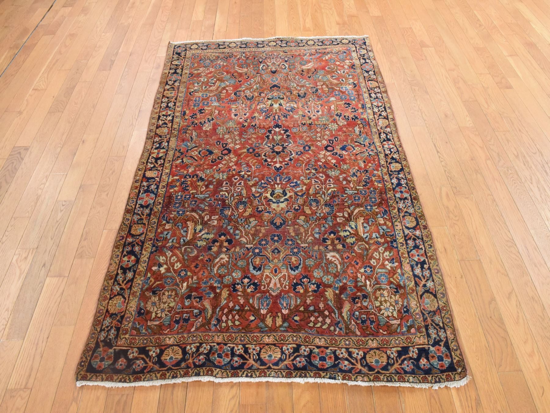 Sarouk Antique hand-knotted wool rug in Red & Navy Blue, 4'2" x 6'9" — SKU O078618 (view 2)