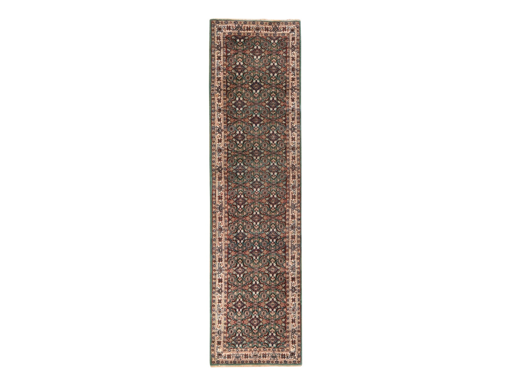 Vintage hand-knotted wool runner in Green & Ivory, 2'5" x 9'6" — SKU O078625