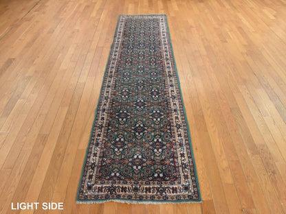 Green 2'5" x 9'6" Vintage Hand knotted Wool Rug - Sku: O078625