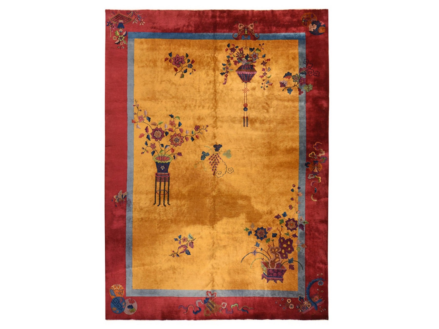 Antique hand-knotted wool rug in Yellow & Red, 9'10" x 13'5" — SKU O078630