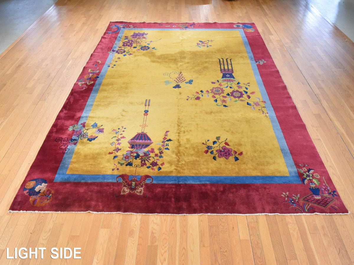 Antique hand-knotted wool rug in Yellow & Red, 9'10" x 13'5" — SKU O078630 (view 3)