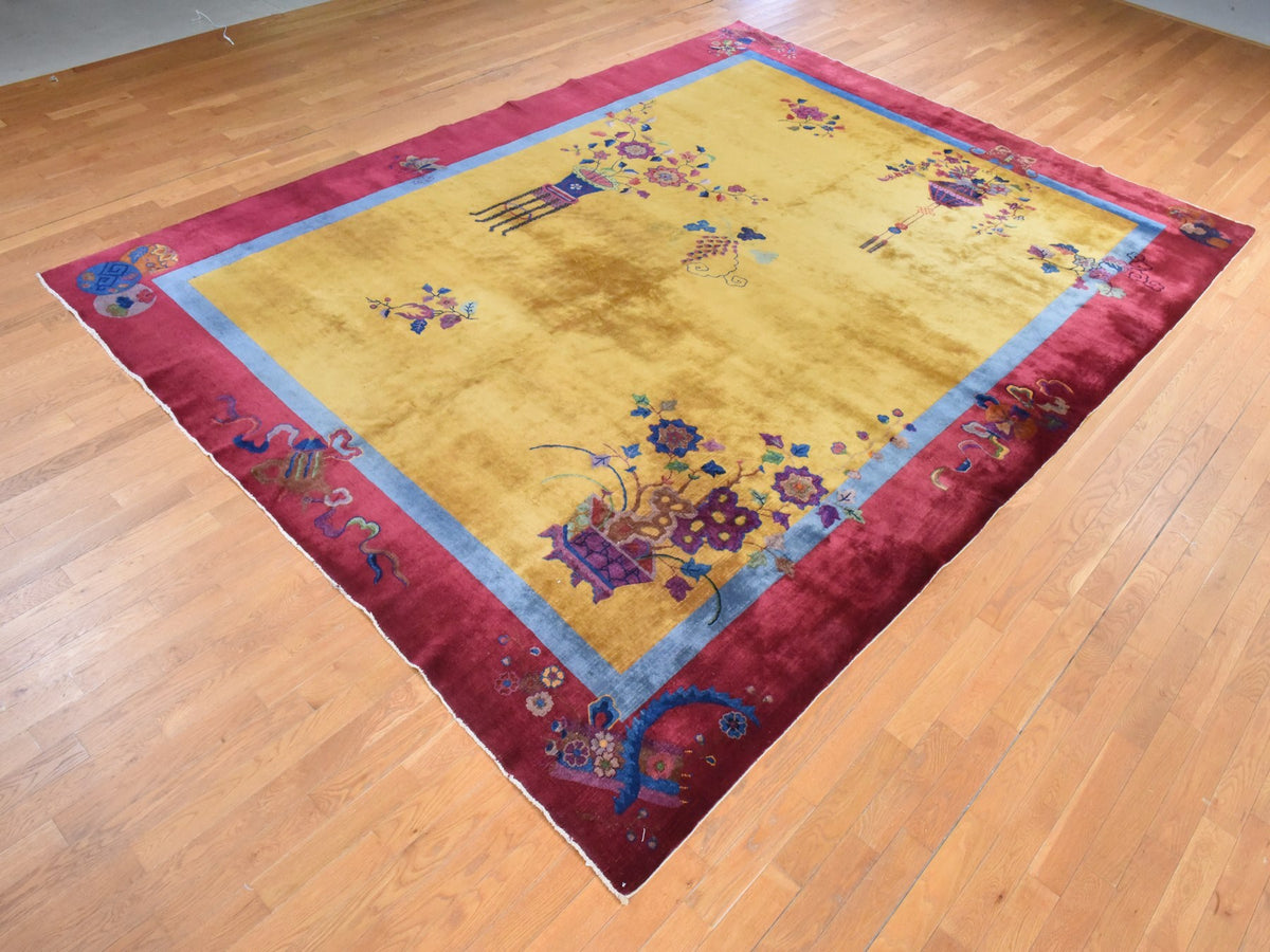 Antique hand-knotted wool rug in Yellow & Red, 9'10" x 13'5" — SKU O078630 (view 4)