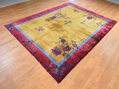 Antique hand-knotted wool rug in Yellow & Red, 9'10" x 13'5" — SKU O078630 (view 4)