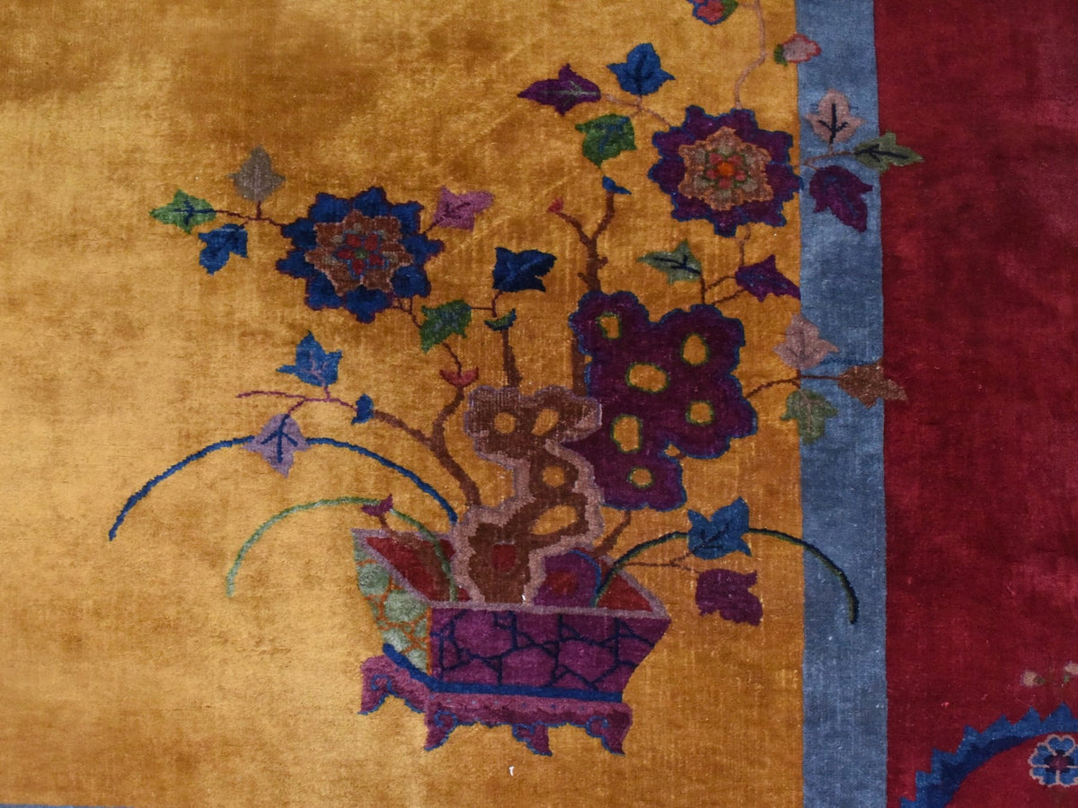 Antique hand-knotted wool rug in Yellow & Red, 9'10" x 13'5" — SKU O078630 (view 5)