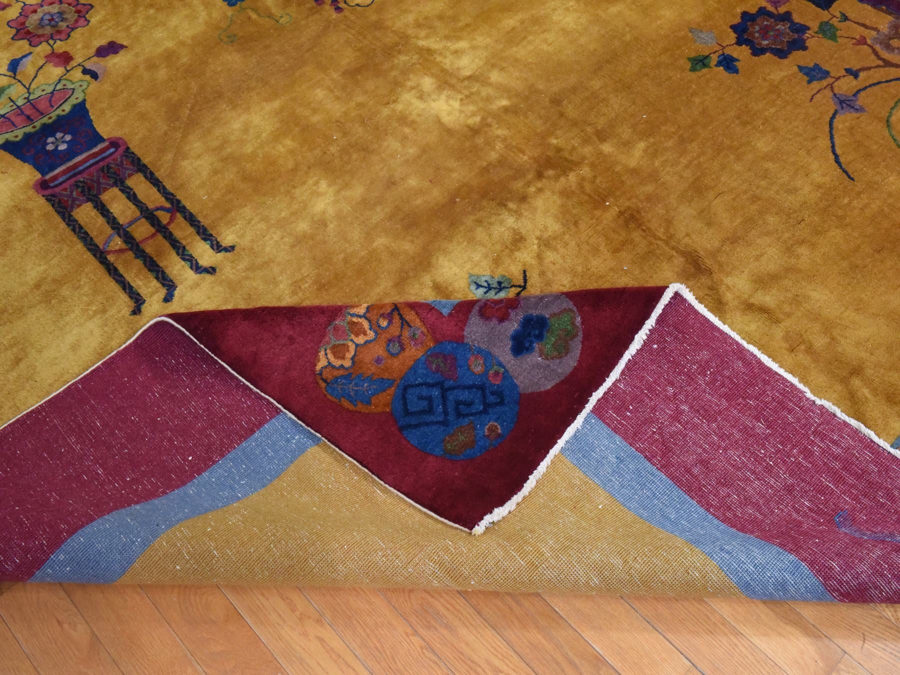 Antique hand-knotted wool rug in Yellow & Red, 9'10" x 13'5" — SKU O078630 (view 9)
