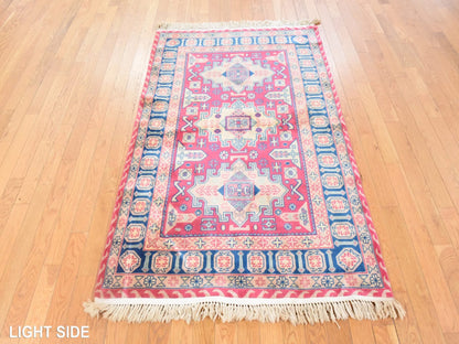 Kazak hand-knotted wool rug in Pink & Blue, 3'10" x 6' — SKU O078634 (view 3)