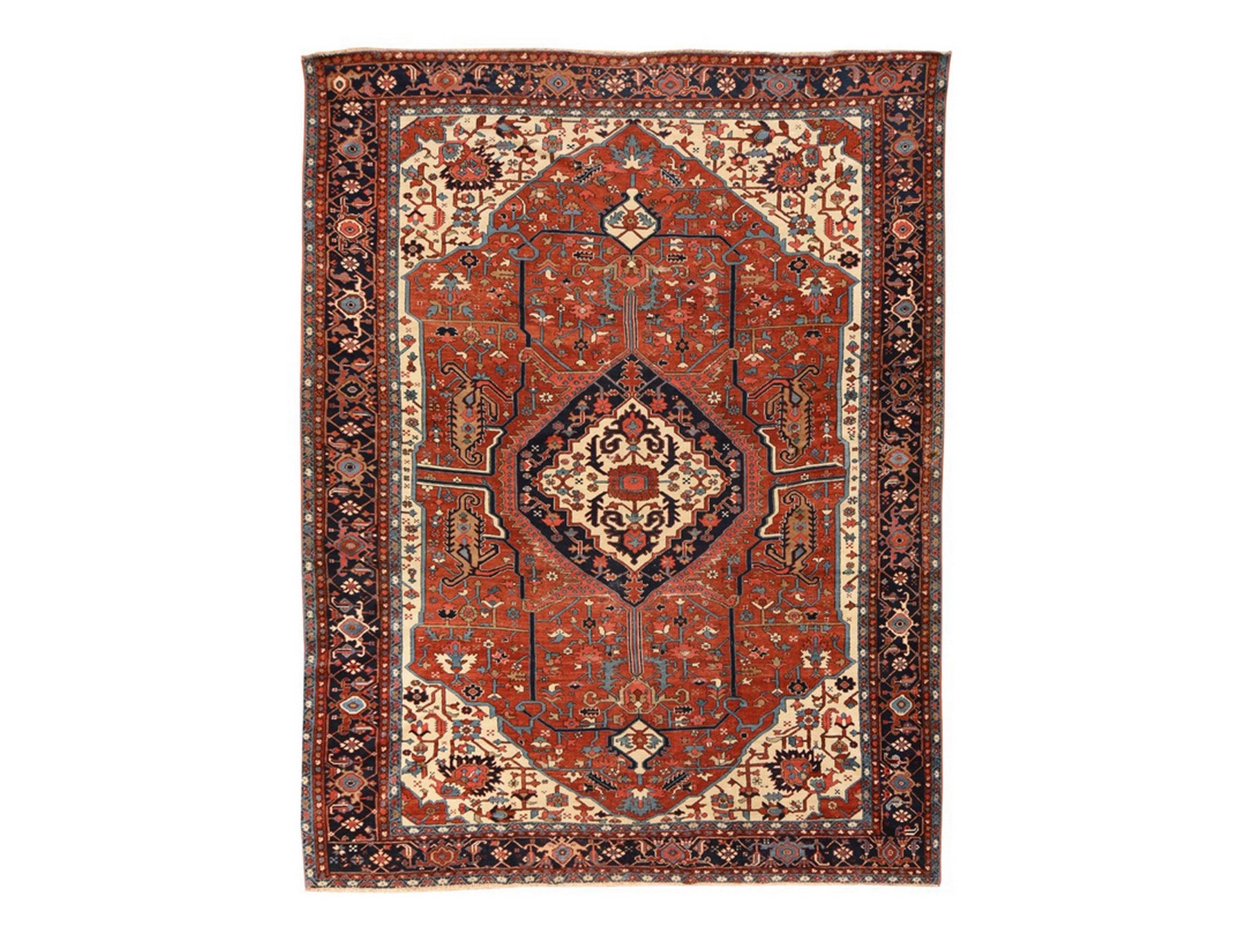 Heriz Antique hand-knotted wool rug in Red & Midnight Blue, 9'3" x 12'3" — SKU O078638