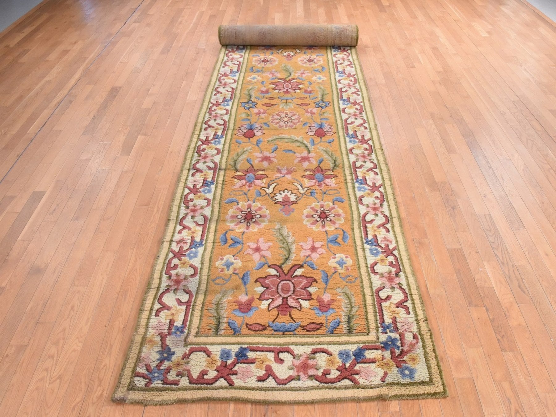 Antique hand-knotted wool runner in Yellow & Ivory, 4'4" x 17'4" — SKU O078639 (view 2)