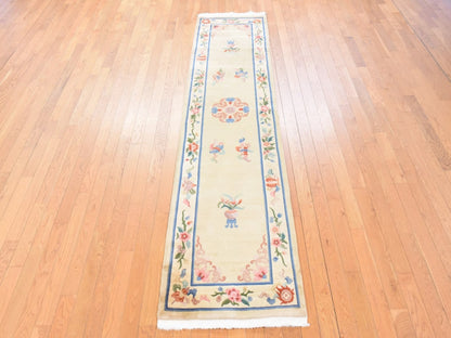 Beige 2'3" x 9'5" Fine Oriental Hand knotted Wool Rug - Sku: O078640