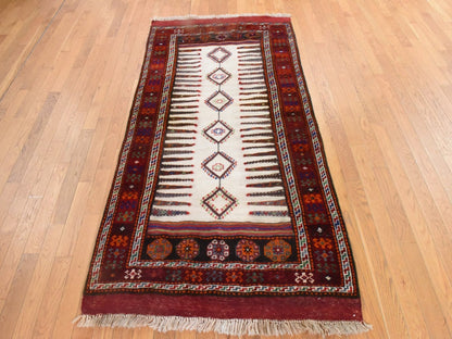 Tribal & Geometric hand-knotted wool runner in Ivory & Red, 3'9" x 7'4" — SKU O078644 (view 2)