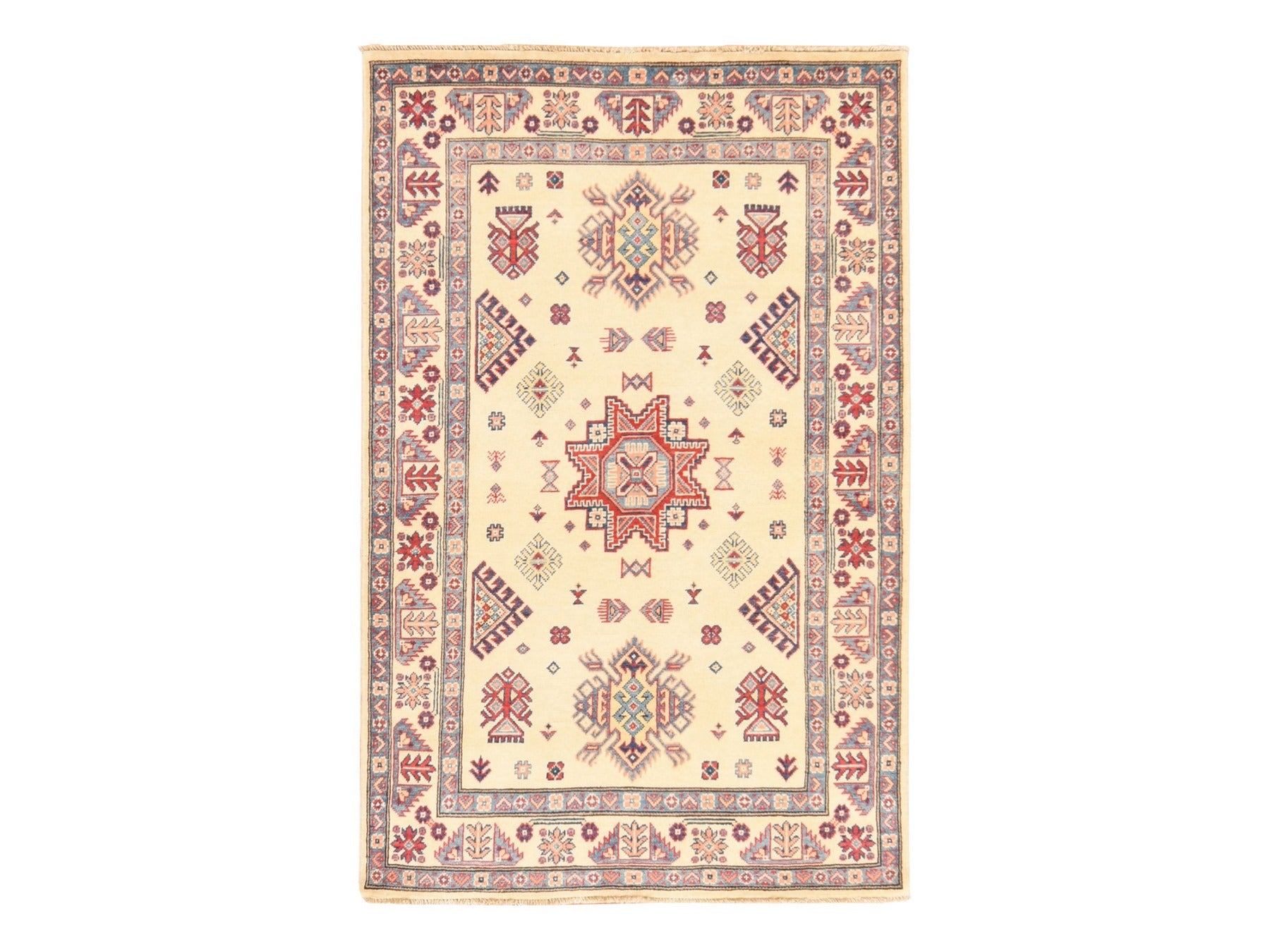 Ivory 3'10" x 6'0" Kazak Hand knotted Wool Rug - Sku: O078670
