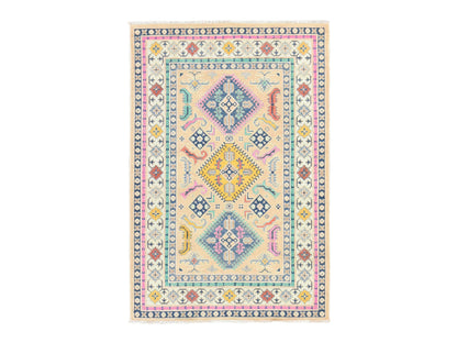 Kazak Tribal & Geometric hand-knotted wool rug in Pink & Ivory, 4'1" x 6'1" — SKU O078674