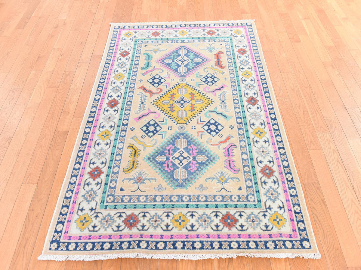 Kazak Tribal & Geometric hand-knotted wool rug in Pink & Ivory, 4'1" x 6'1" — SKU O078674 (view 2)