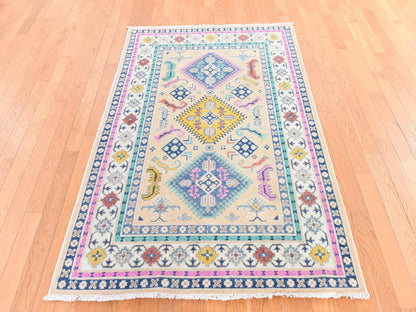 Kazak Tribal & Geometric hand-knotted wool rug in Pink & Ivory, 4'1" x 6'1" — SKU O078674 (view 2)