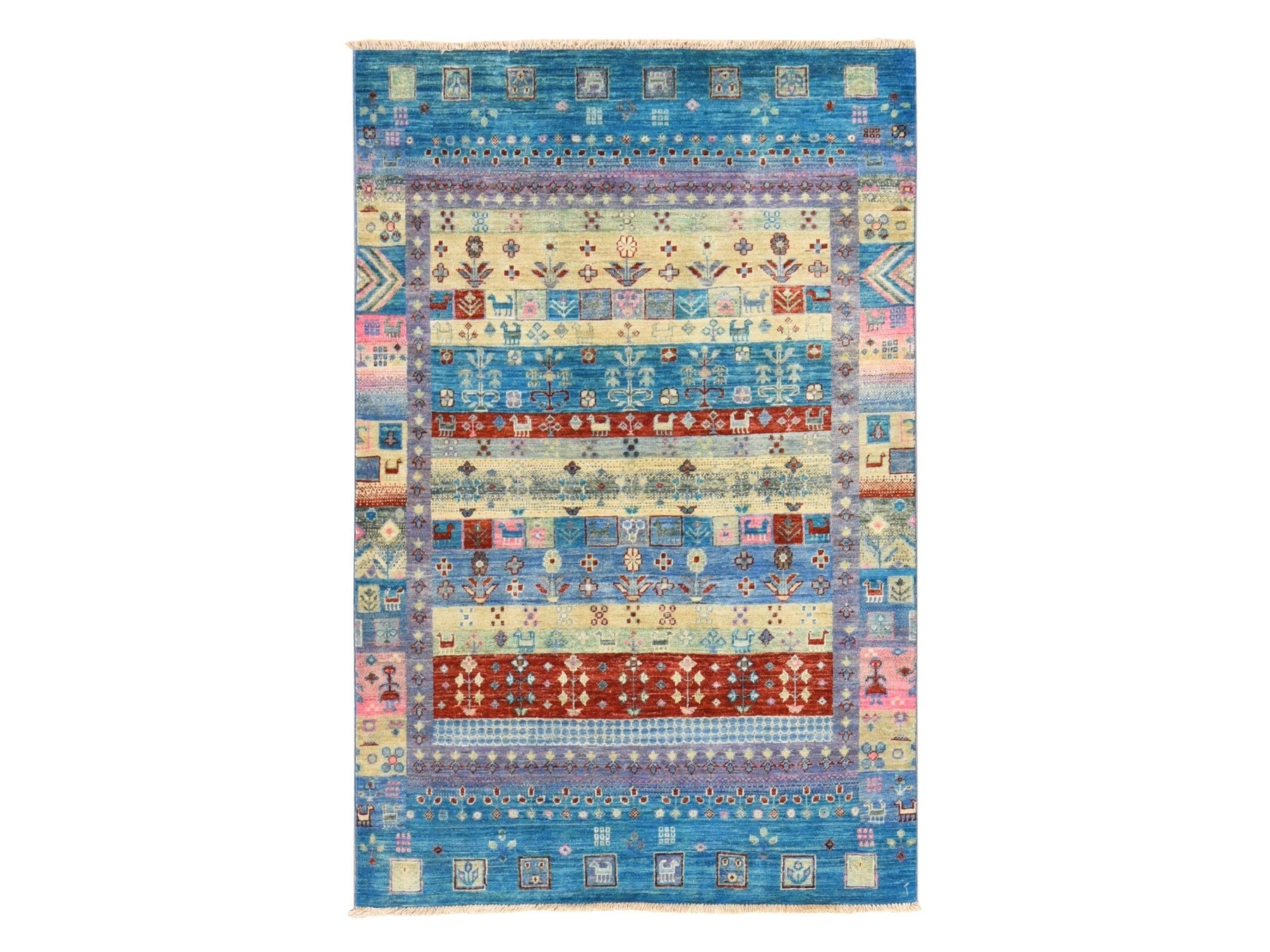 Blue 4'0" x 5'10" Tribal & Geometric Hand knotted Wool Rug - Sku: O078675