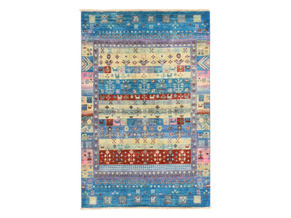 Blue 4'0" x 5'10" Tribal & Geometric Hand knotted Wool Rug - Sku: O078675