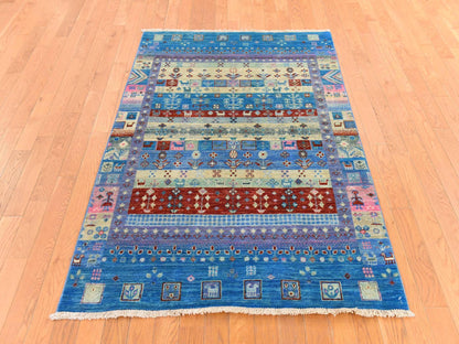 Blue 4'0" x 5'10" Tribal & Geometric Hand knotted Wool Rug - Sku: O078675