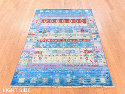 Blue 4'0" x 5'10" Tribal & Geometric Hand knotted Wool Rug - Sku: O078675