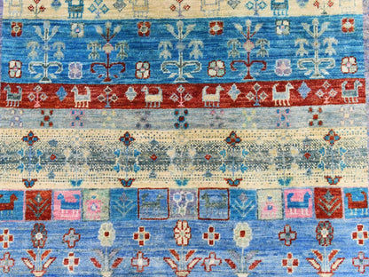 Blue 4'0" x 5'10" Tribal & Geometric Hand knotted Wool Rug - Sku: O078675