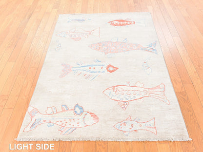 Ivory 4'0" x 6'0" Modern and Contemporary Hand knotted Wool Rug - Sku: O078677