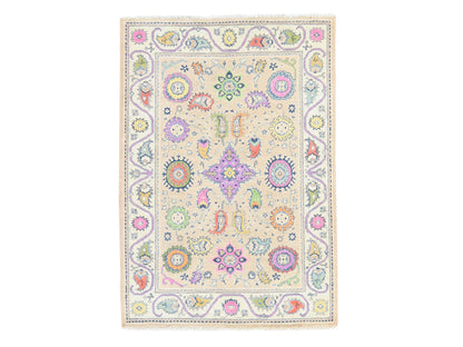 Ivory 4'0" x 5'9" Tribal & Geometric Hand knotted Wool Rug - Sku: O078679