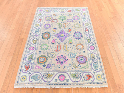 Ivory 4'0" x 5'9" Tribal & Geometric Hand knotted Wool Rug - Sku: O078679