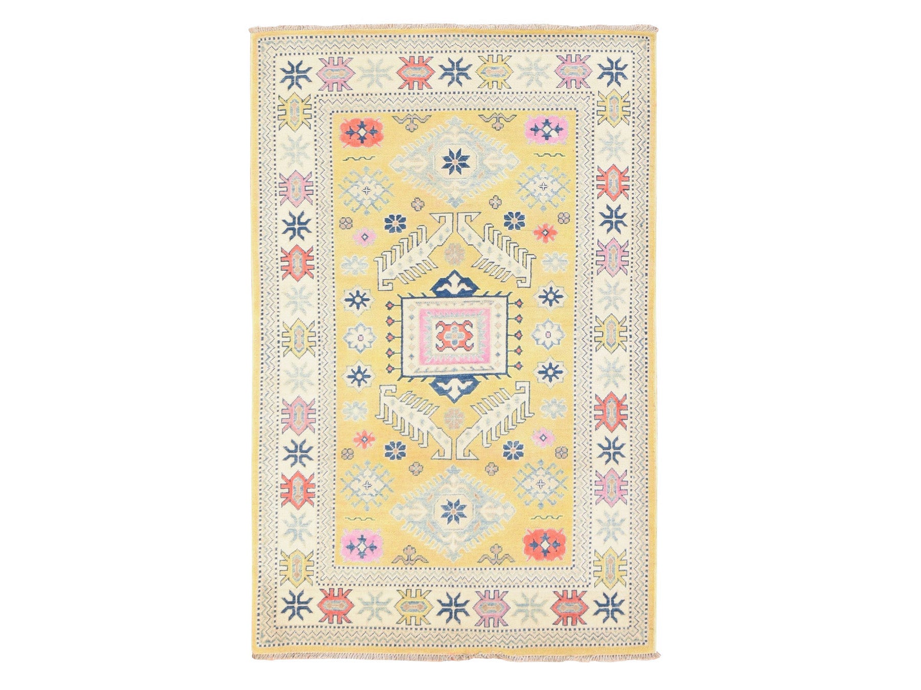 Kazak Kazak hand-knotted wool rug in Yellow & Ivory, 4' x 6'4" — SKU O078684