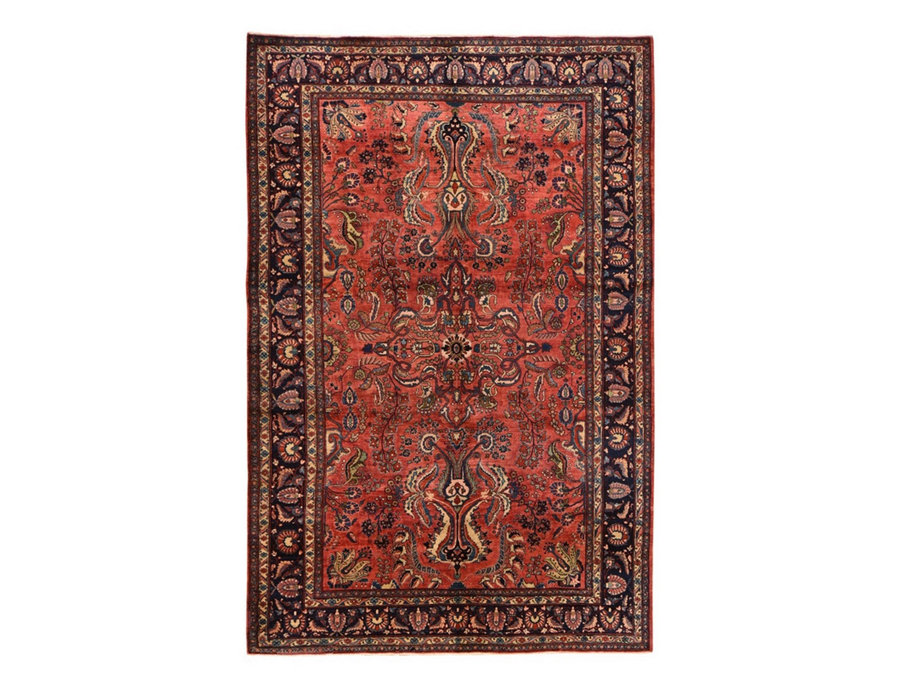 Sarouk Antique hand-knotted wool rug in Red & Midnight Blue, 7'7" x 11'9" — SKU O078698
