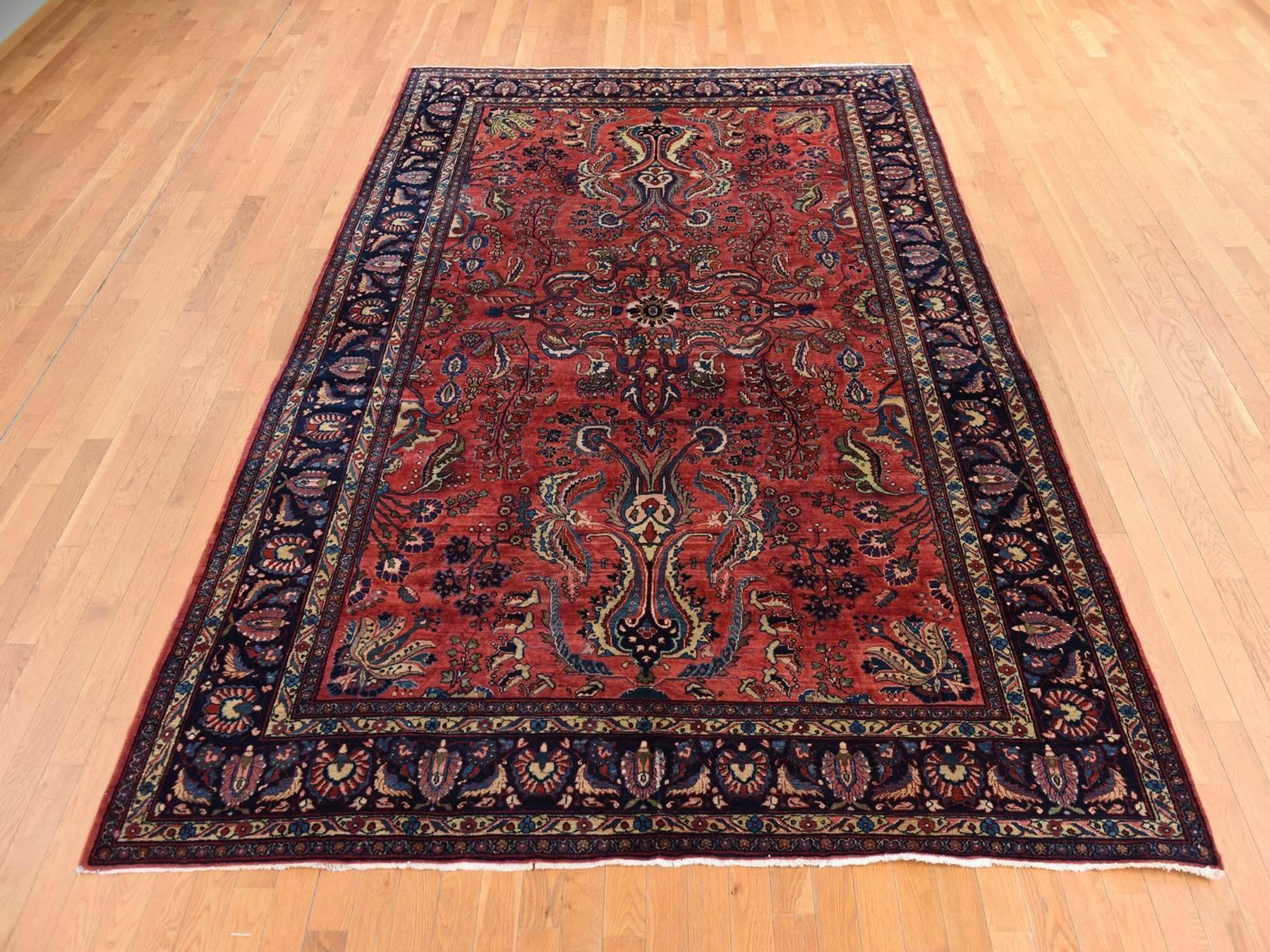Sarouk Antique hand-knotted wool rug in Red & Midnight Blue, 7'7" x 11'9" — SKU O078698 (view 2)