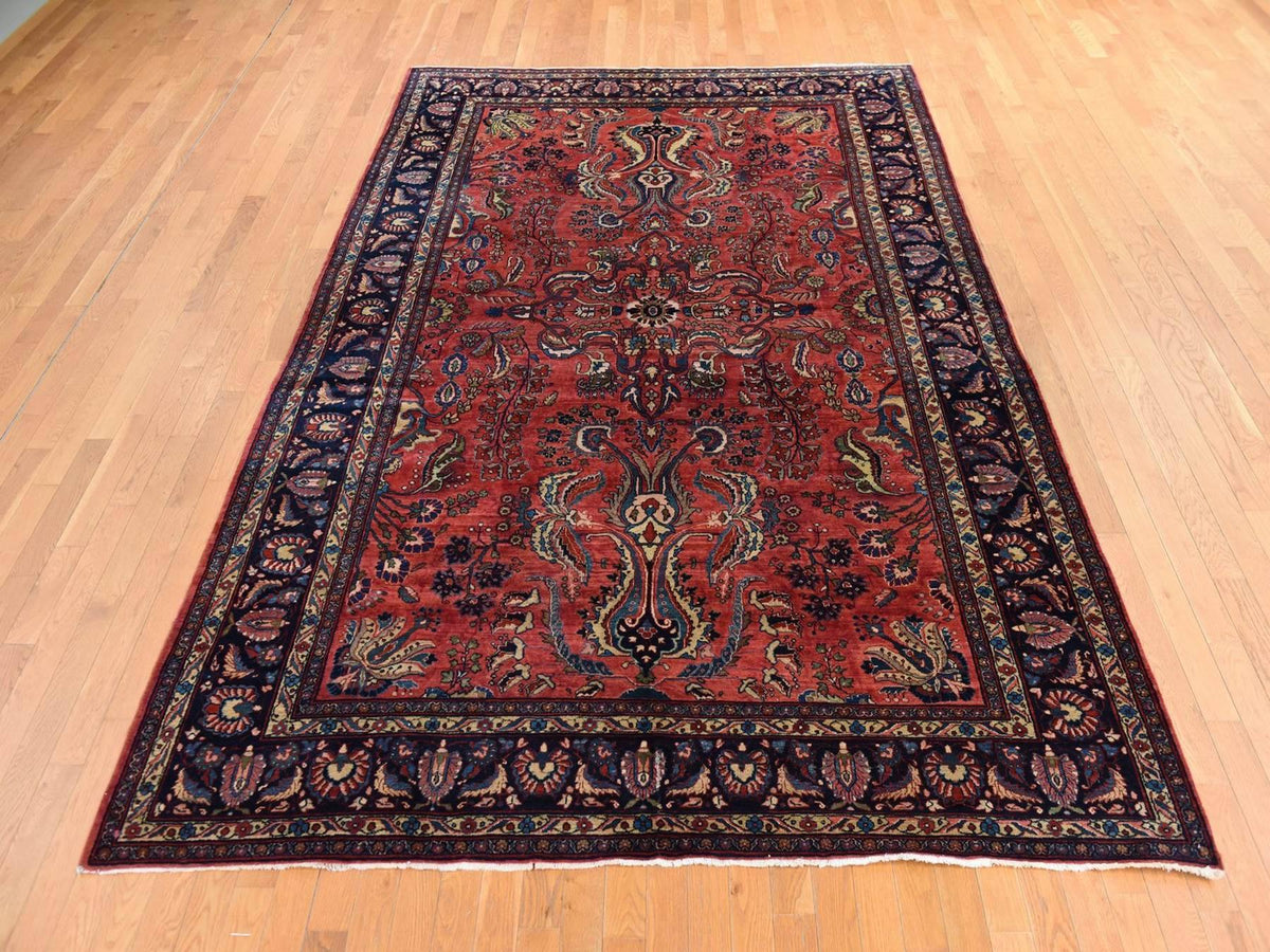 Sarouk Antique hand-knotted wool rug in Red & Midnight Blue, 7'7" x 11'9" — SKU O078698 (view 2)