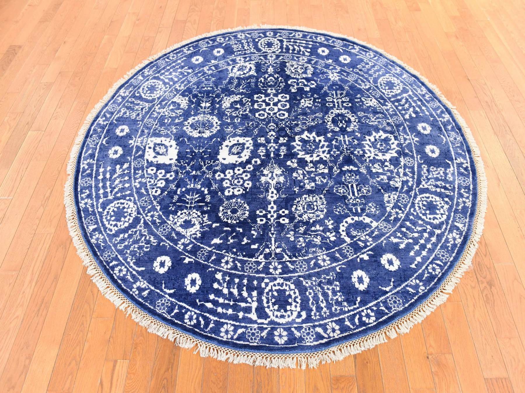 Blue 6'2" x 6'2" Transitional Hand knotted Wool/Silk Rug - Sku: O078702