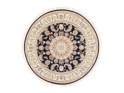 Blue 6'0" x 6'0" Fine Oriental Hand knotted Wool/Silk Rug - Sku: O078703