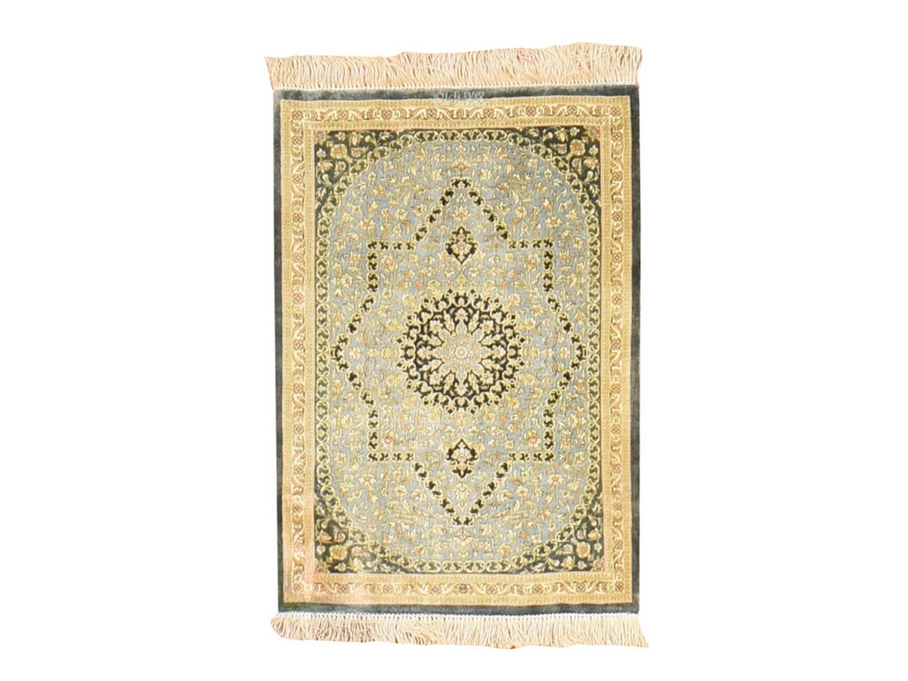 Green 1'8" x 2'4" Fine Oriental Hand knotted Silk Rug - Sku: O078716