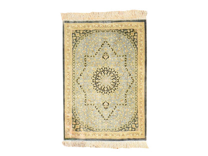 Green 1'8" x 2'4" Fine Oriental Hand knotted Silk Rug - Sku: O078716