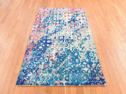 Blue 4'0" x 6'1" Transitional Hand knotted Silk Rug - Sku: O078717